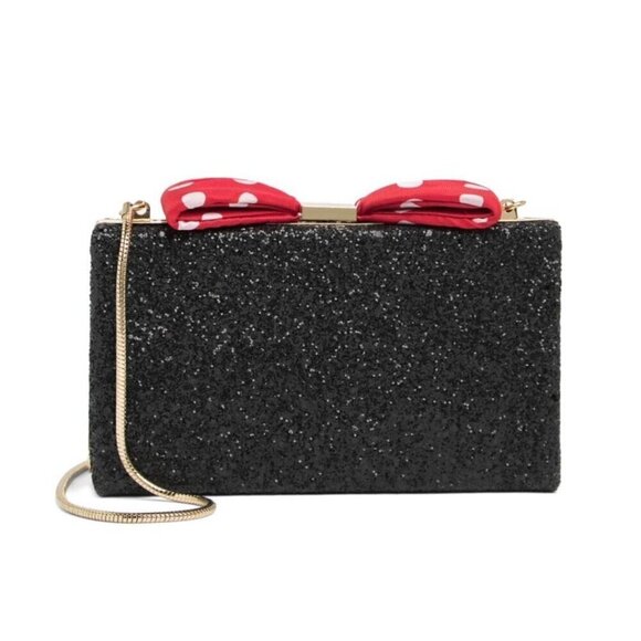 Kate Spade Womens Black Glitter Minnie Mouse Polka Dot Bow Clasp clutch Bag New - Picture 10 of 15
